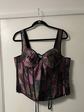 BLACK TAPESTRY EMBROIDERED PRINT LACE-UP BUSTIER CORSET NIP 1X 2X 3X